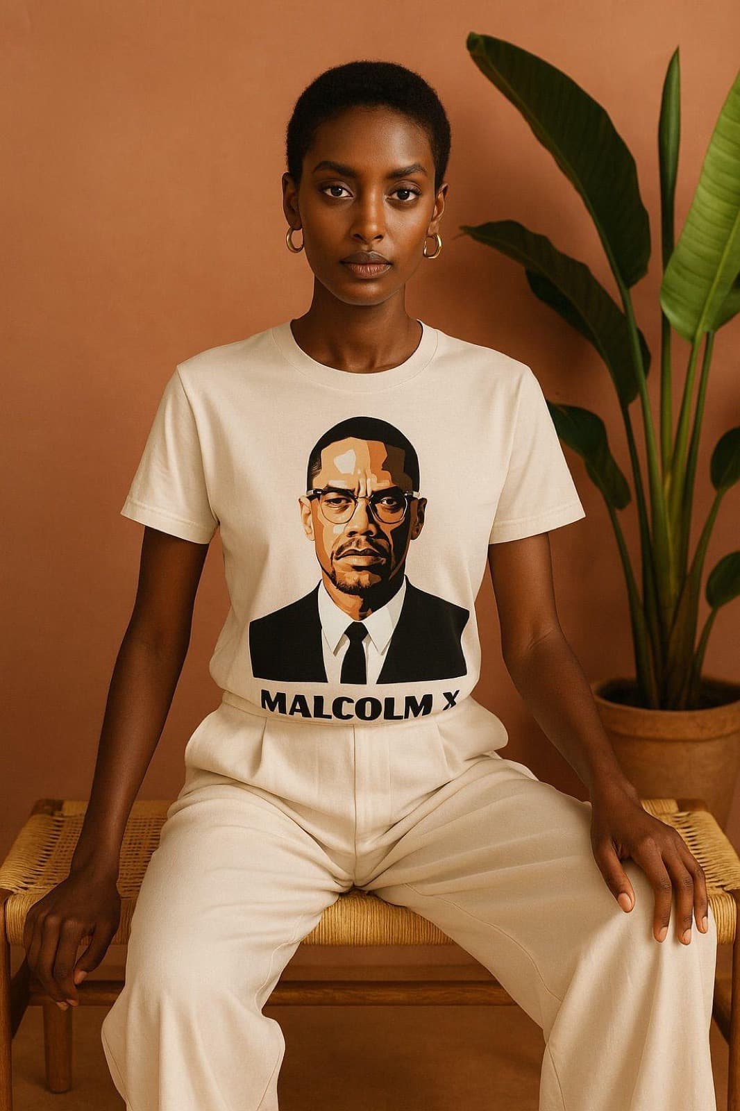 Une femme porte un t-shirt KUSIFU, fond terre cuite